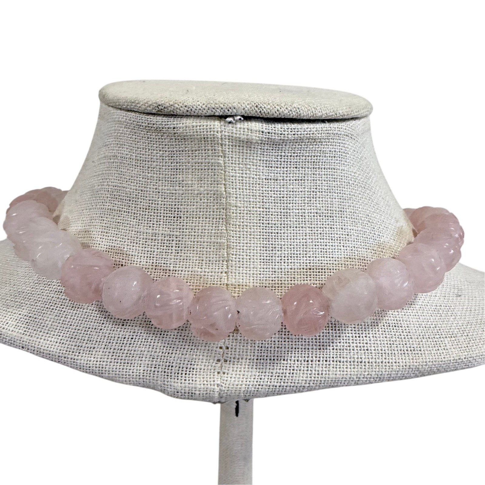 Vintage Carved Rose Quartz & Sterling Silver Statement Necklace