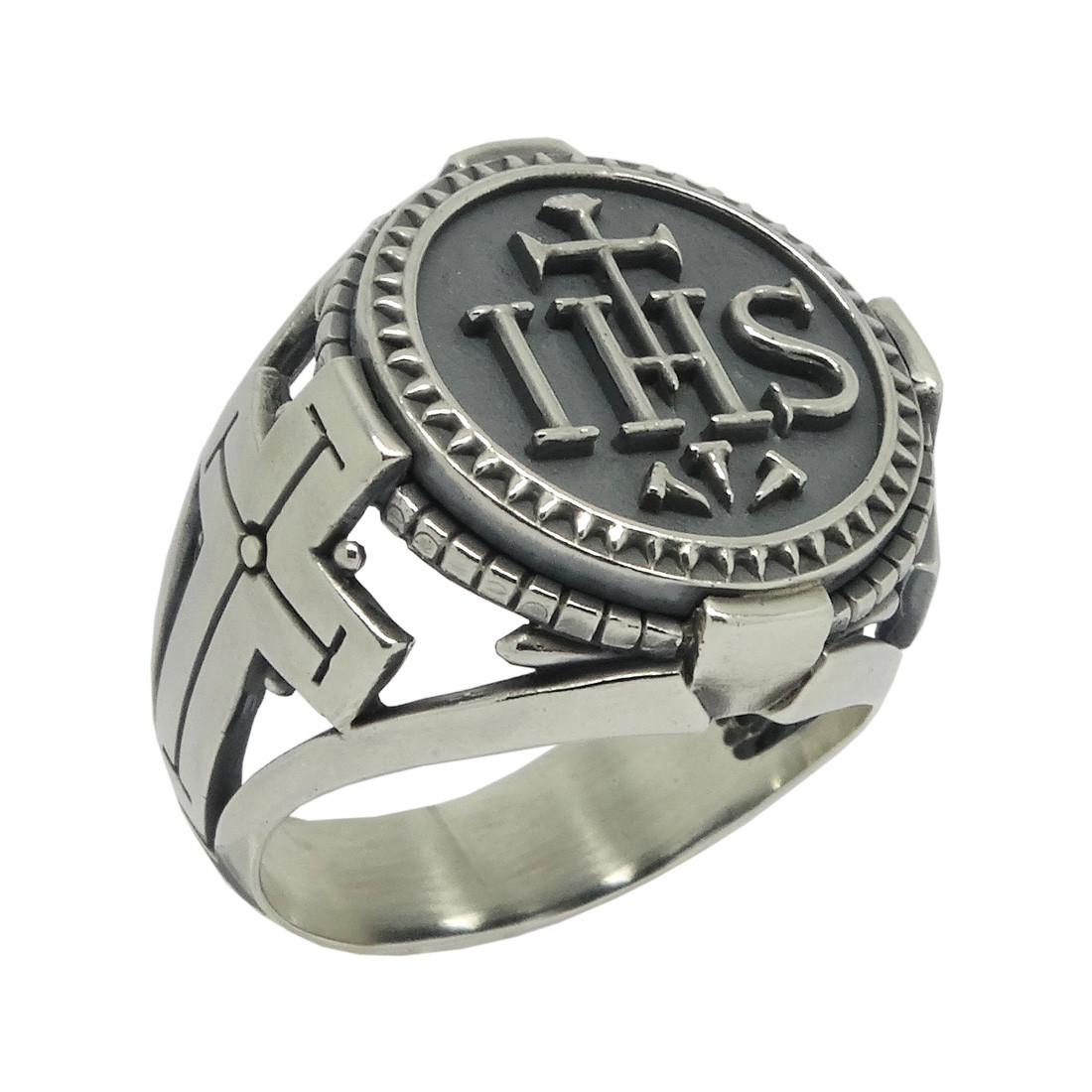 Jesuit Sterling Silver 925 IHS the Holy Name of Jesus Cross Men’s Coin Ring