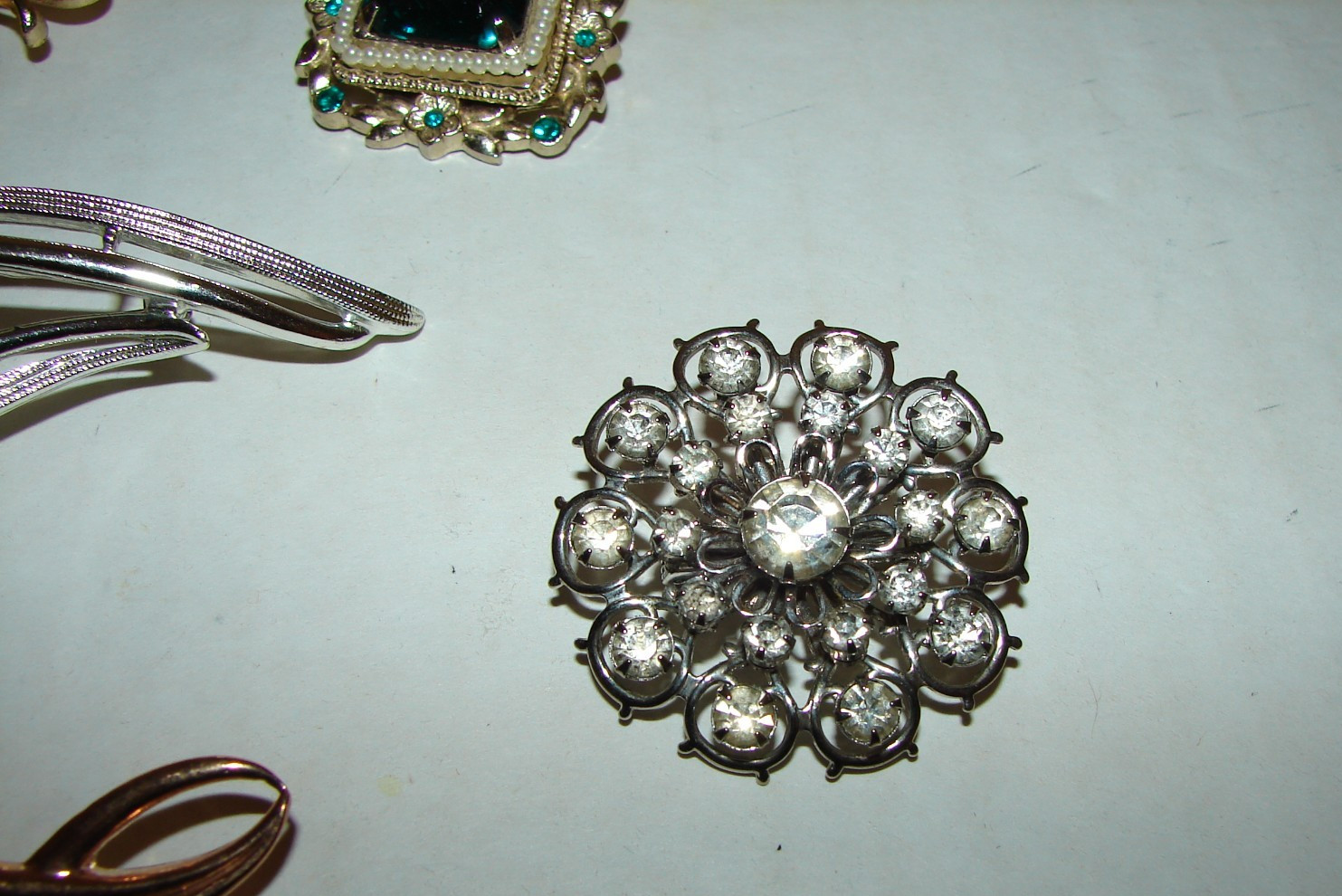 Vintage Lot 7 Brooches One Designer Signed Sarah Cov. Rhinestones and Faux Pearl