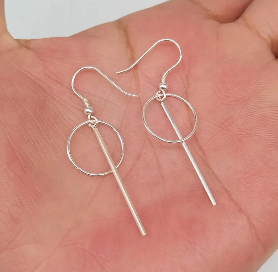 Sterling Silver Circle Bar Earrings Geometric Dangle Ear Wire 925 Silver Earring
