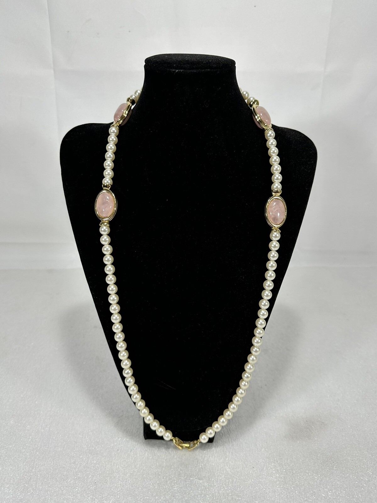 Vintage Napier ~ 8mm White Pearl Beads & Rose Quartz Station Necklace ~ 30in