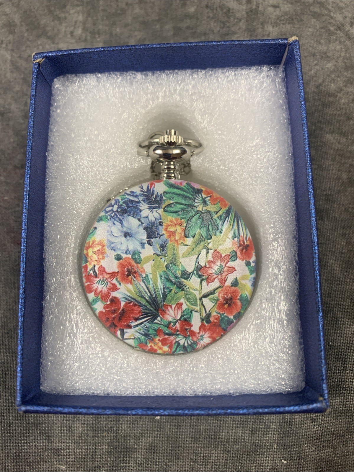Strada Pocket Watch Necklace Silver Case & 26” Necklace Floral Painted Top W/Box