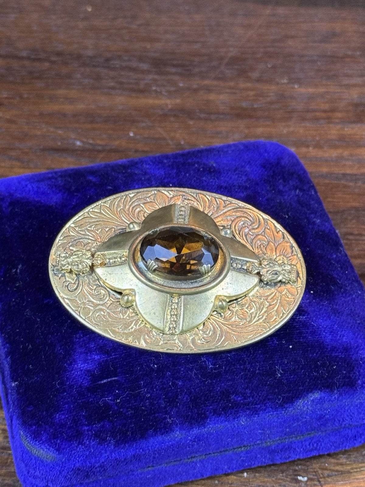 Vintage Brooch Brass Brown Glass Victorian Revival Ornate Oval 2.25”
