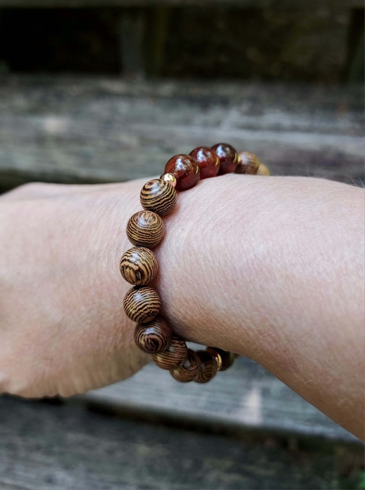 Hessonite Garnet Gemstone Bracelet With Brown Wooden Beads Stretchy 6.50″