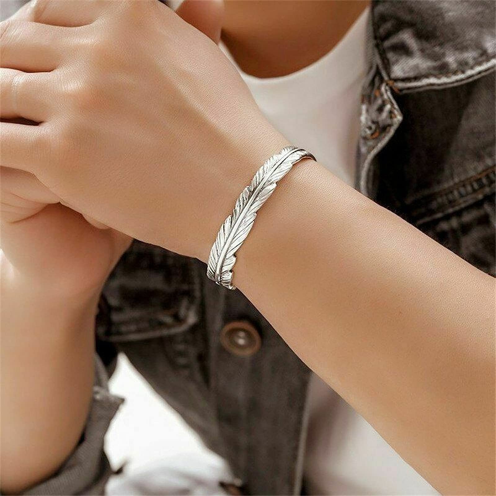 Silver Feather Bracelet Lucky Hope Cuff Jewelry Simple Retro For Women Men (Styl