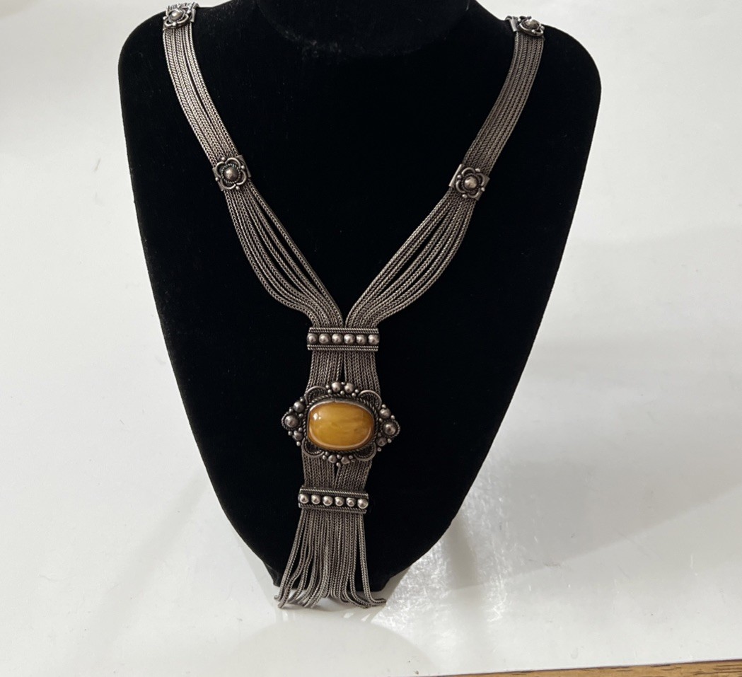 Sterling Silver 925 Honey Amber Multi Strand Foxtail Chain Tassel Necklace
