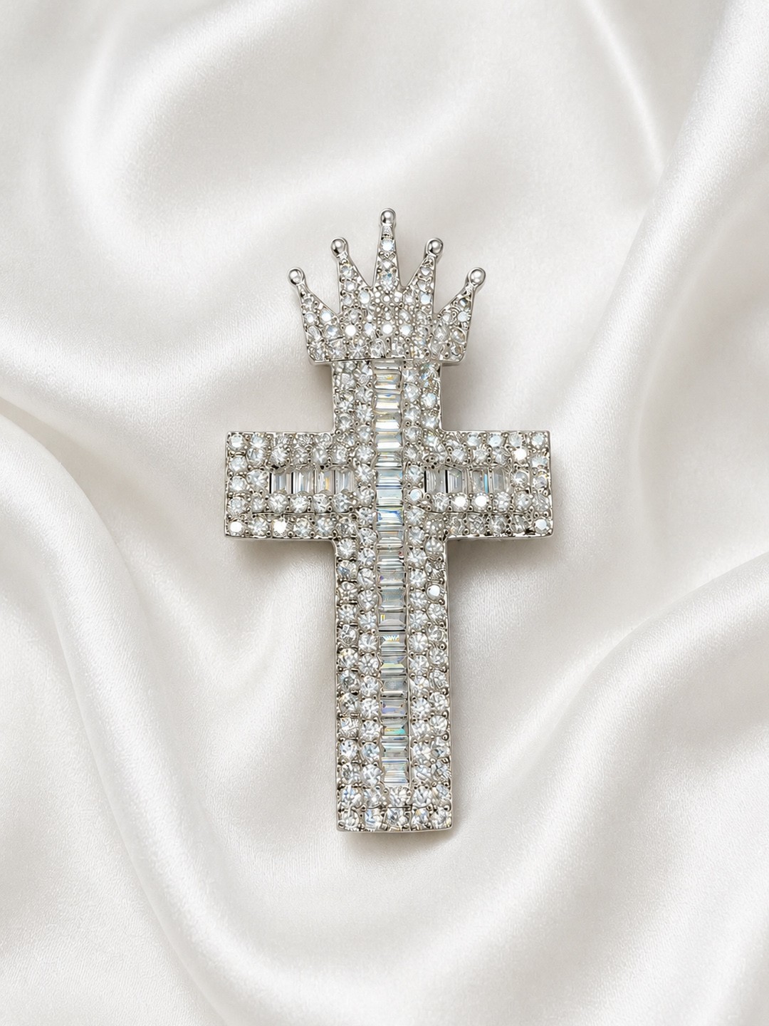 Silver Plated Crown Cross Brooch Pin Brass AAA AD Crystal Statement Lapel Brooch