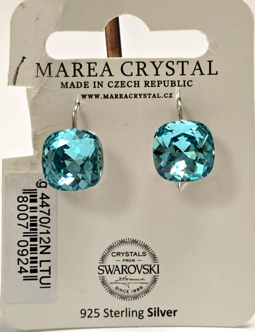 NEW MAREA STERLING SILVER SQUARE SKY BLUE SWAROVSKI CRYSTAL DROP EARRINGS