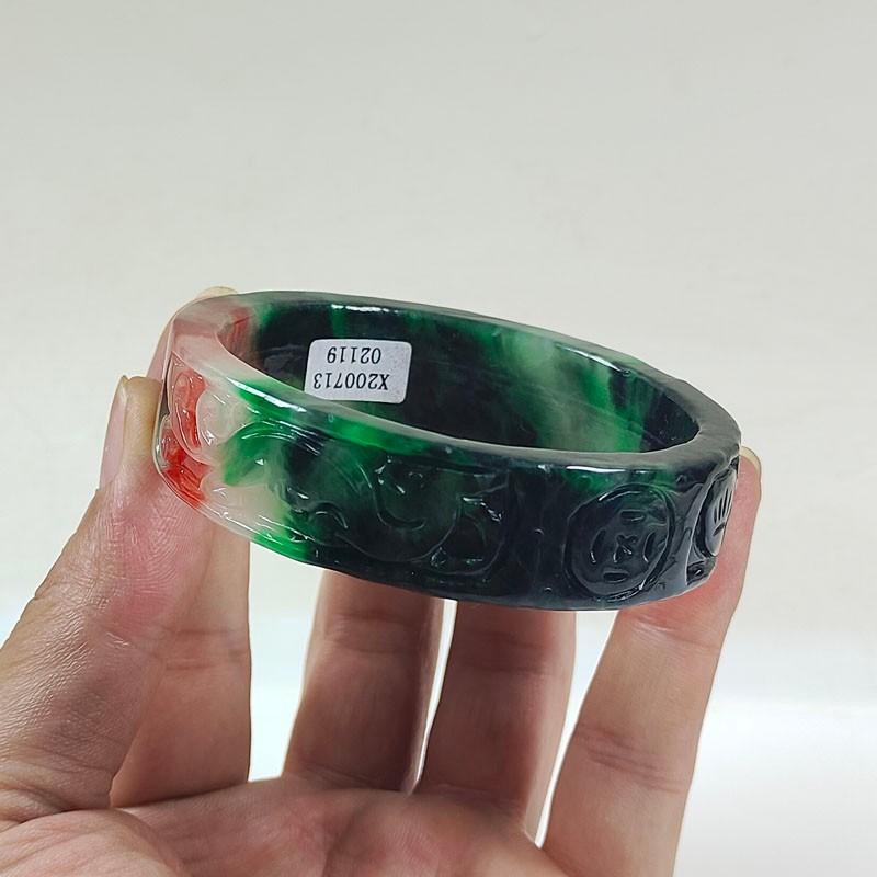 61mm Real Natural Ice Multicolor Burmese Jade jadeite Carving Bracelet Bangle