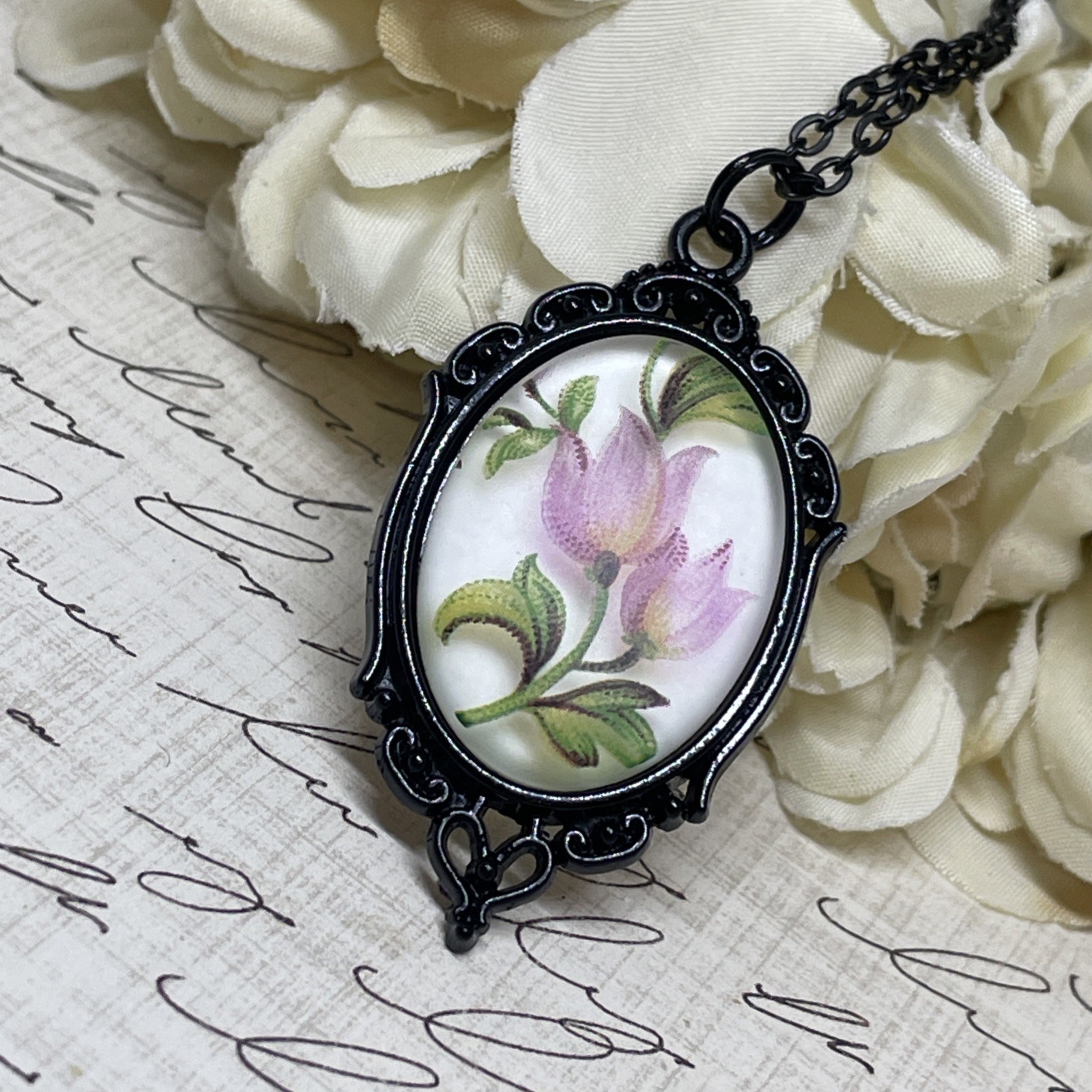 Frosted Black Pink Tulip Flower Girl Bridesmaids Pendant Necklace Charm Wedding