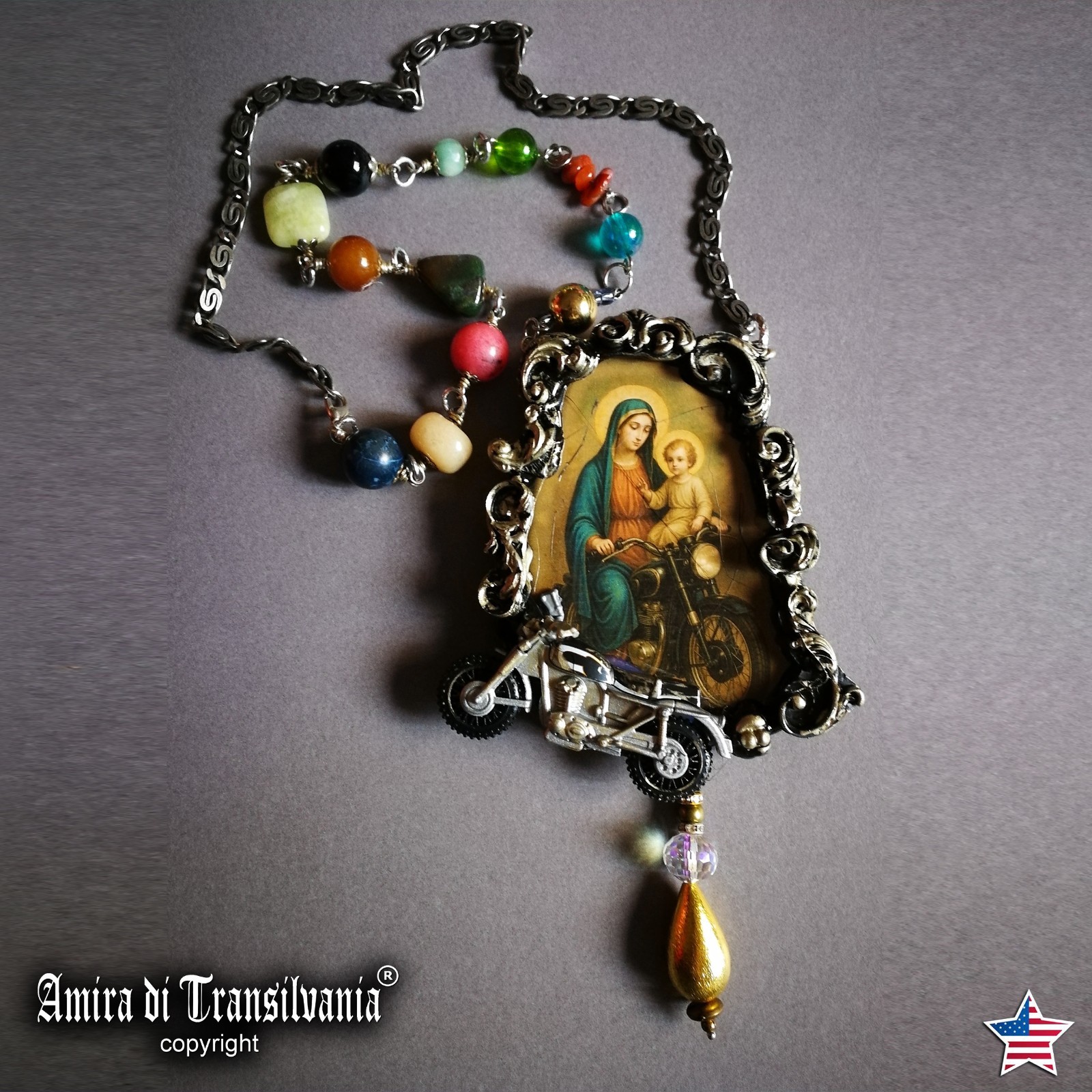 Vintage Assemblage Jewelry Necklace Pendant Baroque Pop Religion Motorcycle Fans