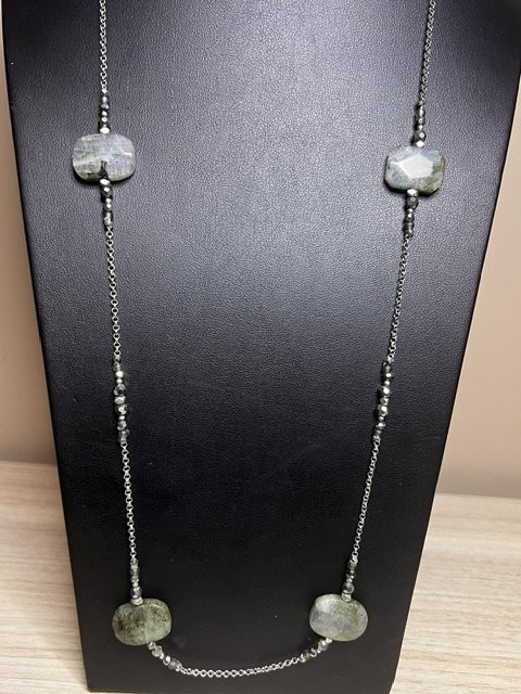B6663 NAKAMOL Labradorite Hematite Long Station Necklace Silver Tone 40″