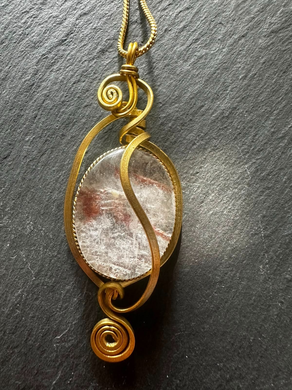 Handmade Brass Agate Necklace Natural Stone Pendant Artisan Spain 44cm 25g