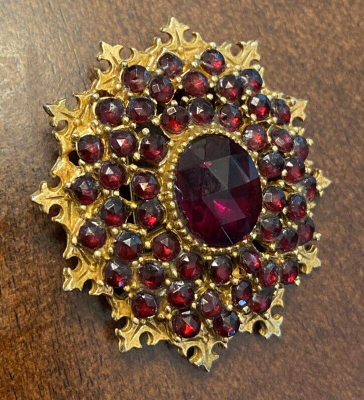 Vintage ART Arthur Pepper Bohemian Faux Garnet Gold Tone Brooch Signed