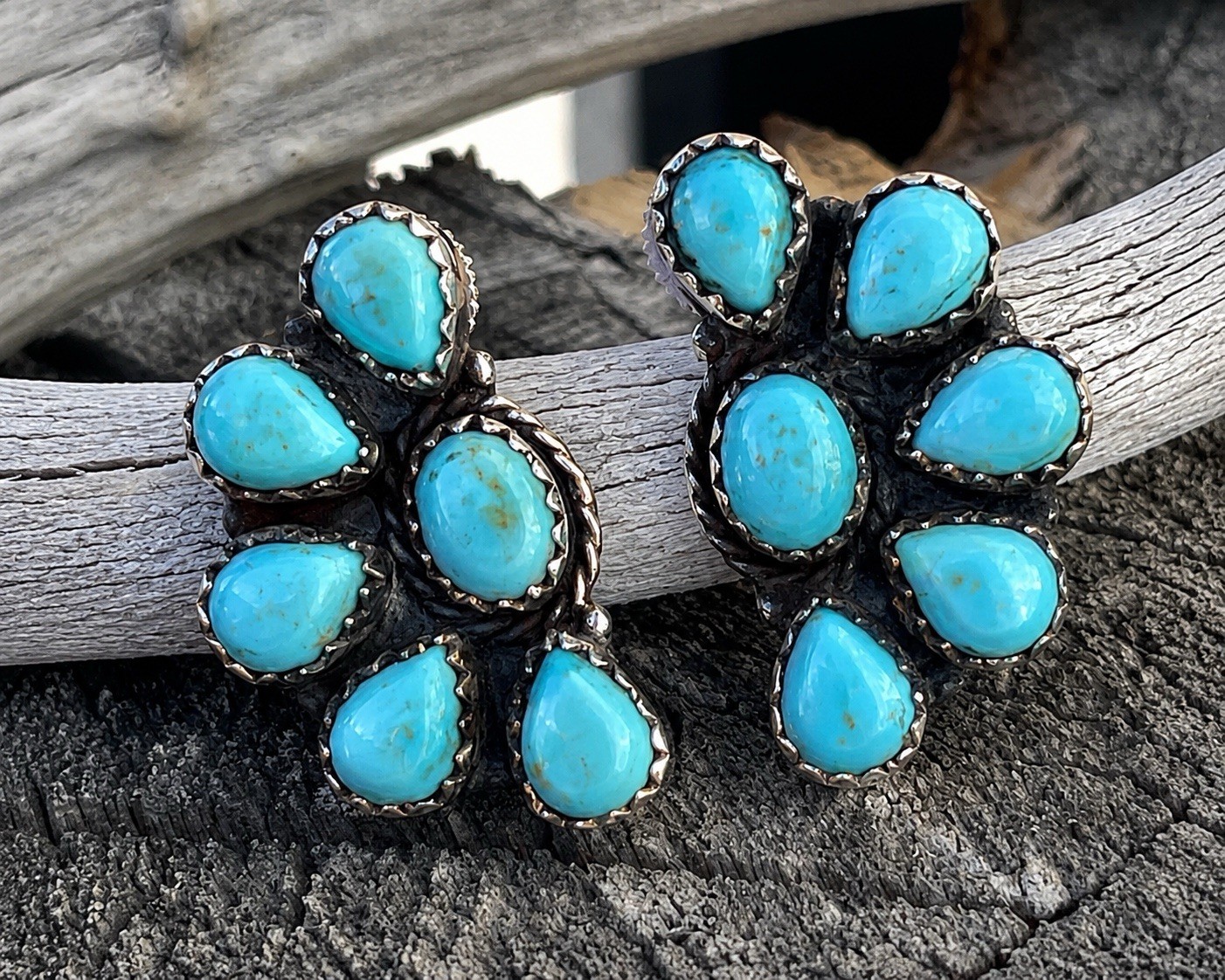 Native American Style Sterling Silver Turquoise Half Cluster Earrings Southwests