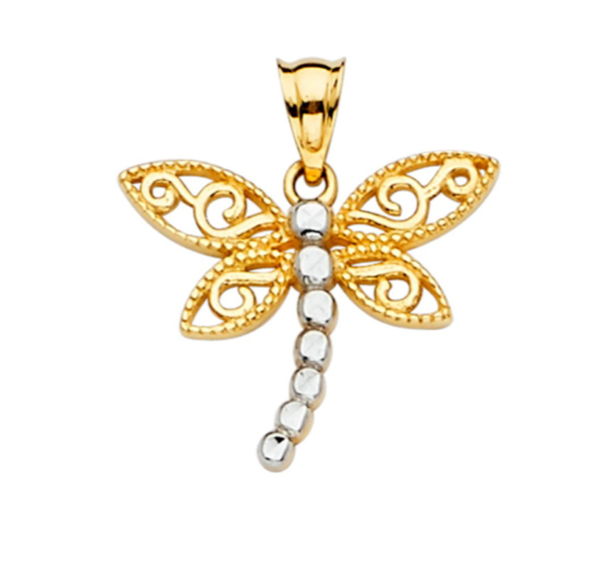 14K Solid Gold Small Dragonfly 20mm / 0.78″ Pendant, 2 Tone Gold Charm – PT2359