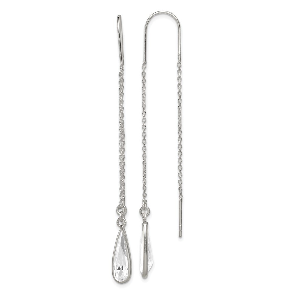 81mm Sterling Silver Polished Crystal Teardrop Threader Earrings