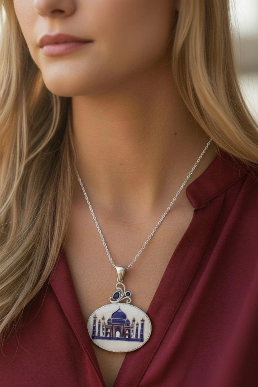Arya 925 Sterling Silver Taj Mahal Druzy, MOP Multi-Stone Pendant + 30” Chain