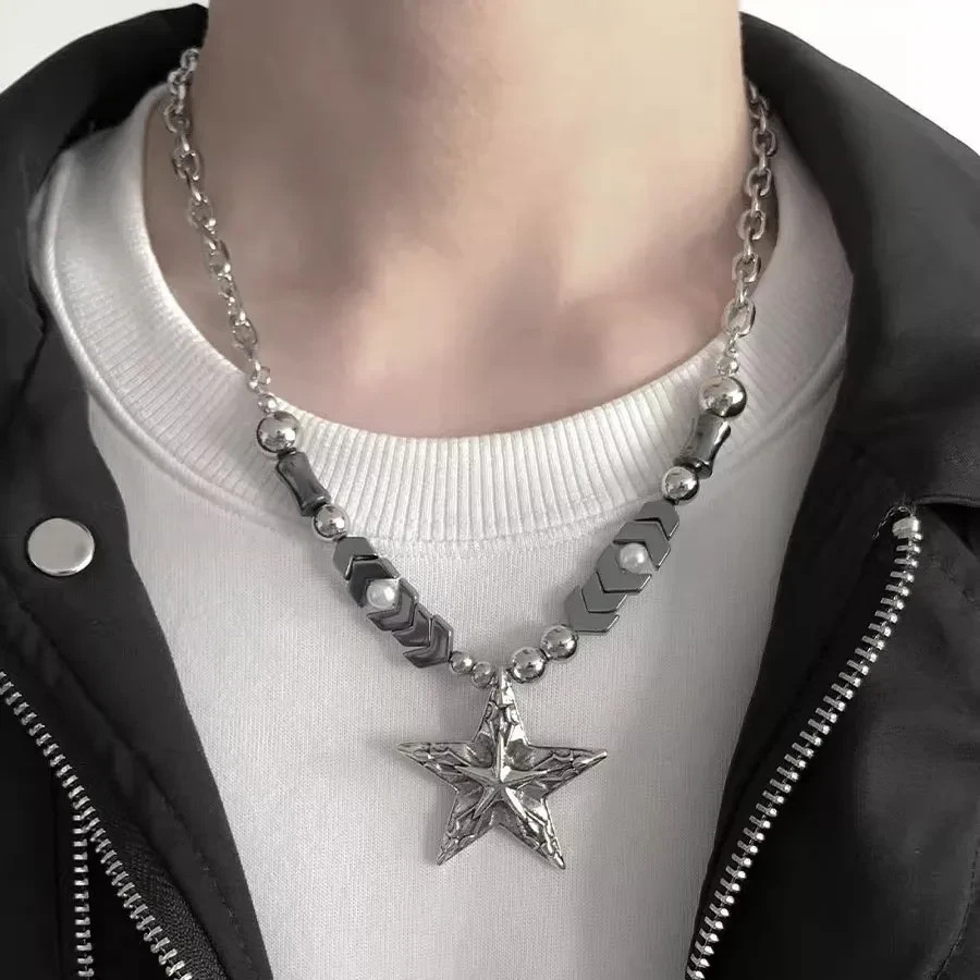 Gothic Retro Star Pendant Necklace Grunge Beaded Titanium Steel Punk Unisex Gift