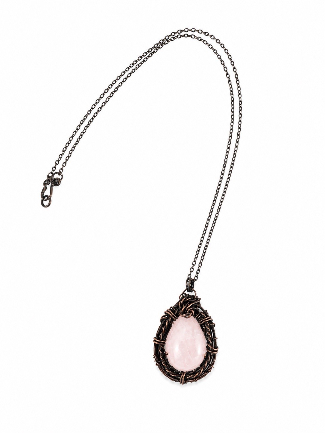 Handmade Wire Wrapped Rose Quartz Pendant Necklace on Antique Copper Chain 23” L