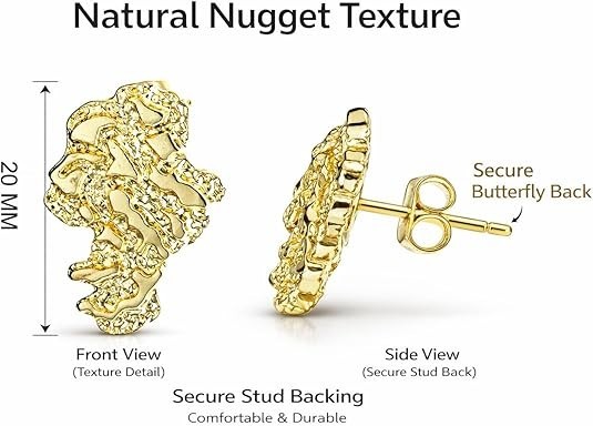 Gold Nugget Earrings Gold Earrings for Men 925 Sterling Silver, 14K Gold Plated