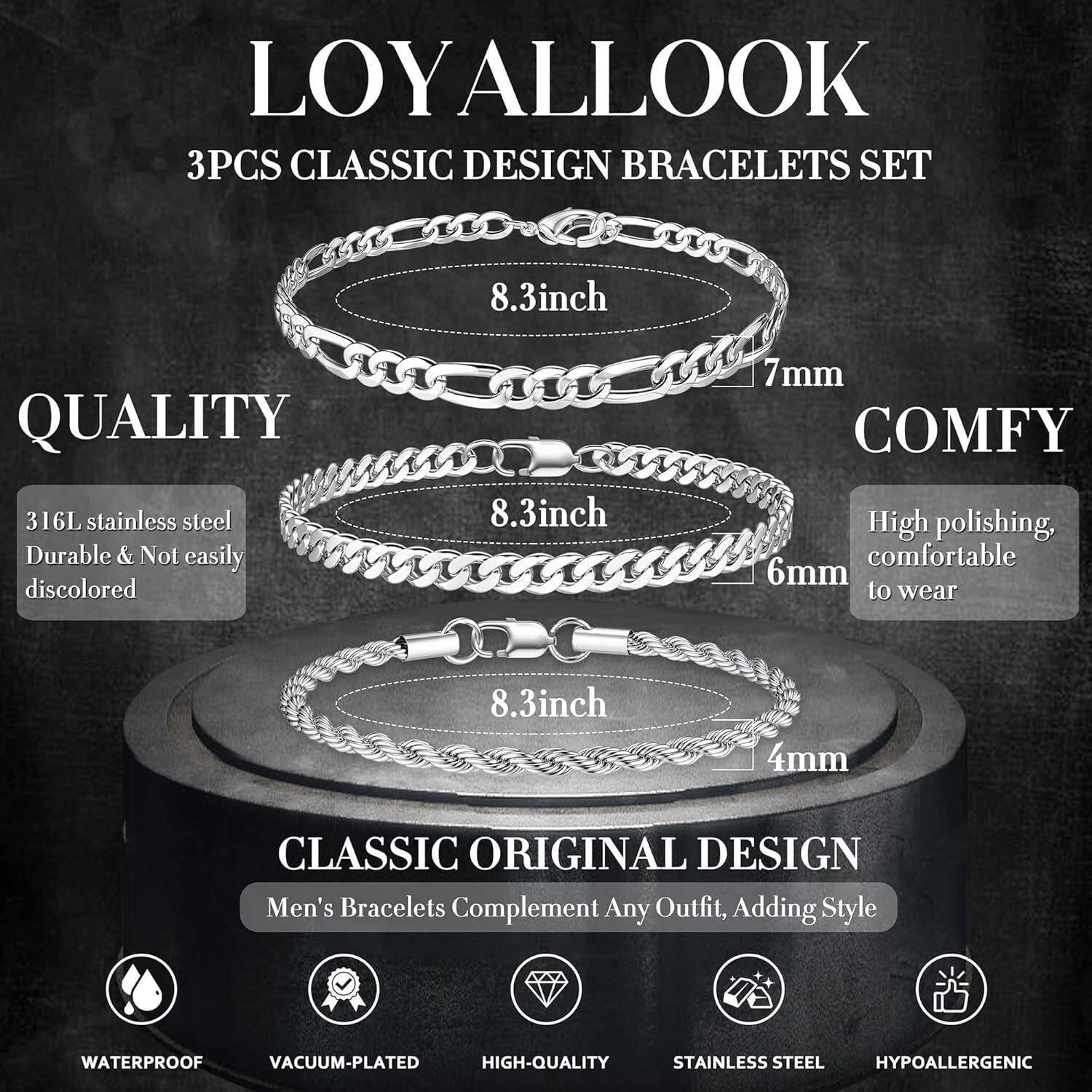 Chain Bracelets 3Pcs Men Stainless Steel Figaro Rope Cuban Link 8.3″L -Silver