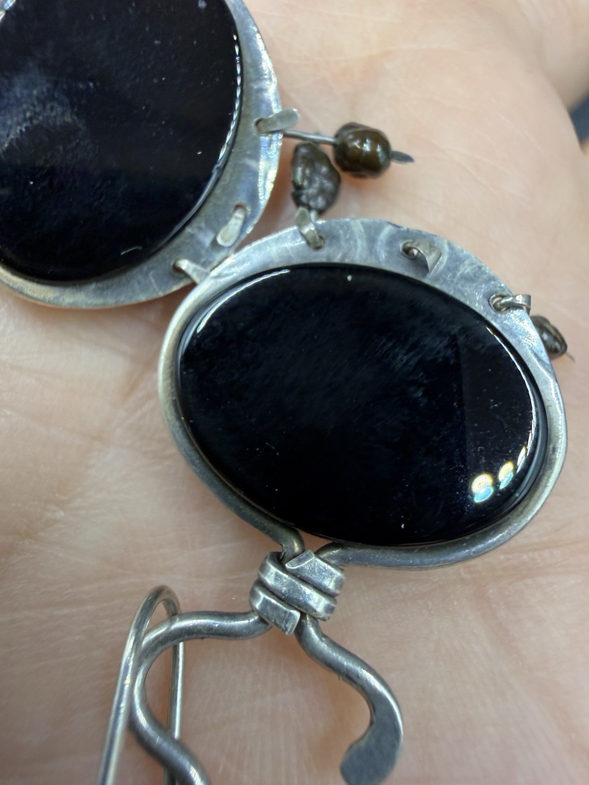 Black Onyx Dangle Ellipse Cabochon Silver Drop Earrings