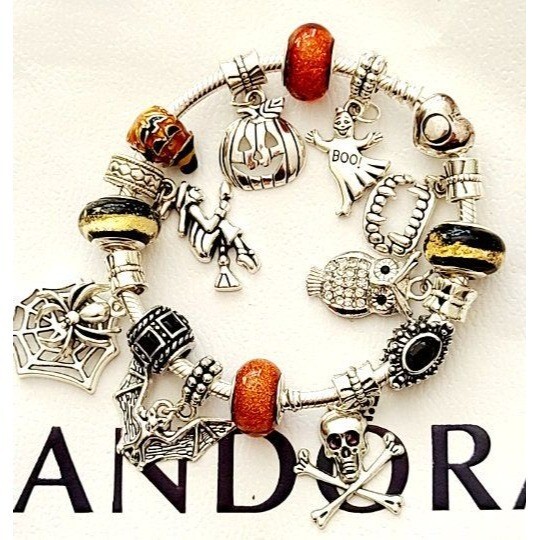 PANDORA GOTHIC HALLOWEEN Charm Bracelet .925 Sterling Silver Bat Skull Witch Te