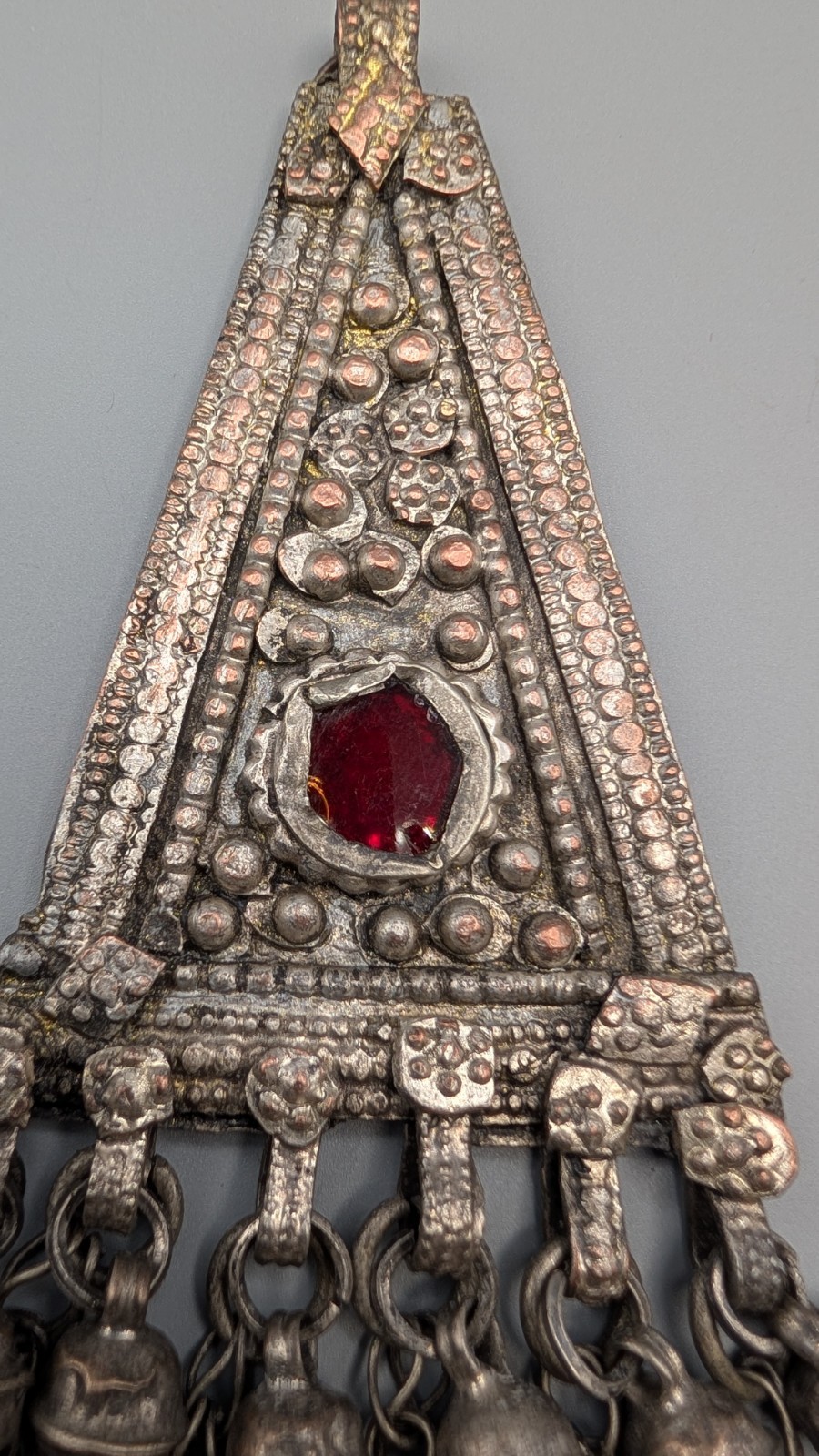 Vintage Afghan Kuchi Tribal Bell Pendant Silver Metal Red Glass Ethnic 5″