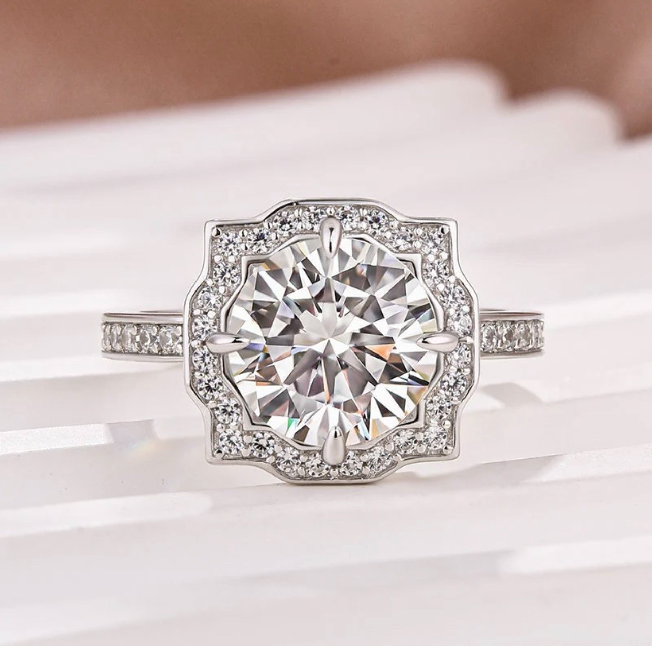 3.0Ct Halo Round Moissanite White Gold Engagement Ring & 1.65Ct Band Set Wedding