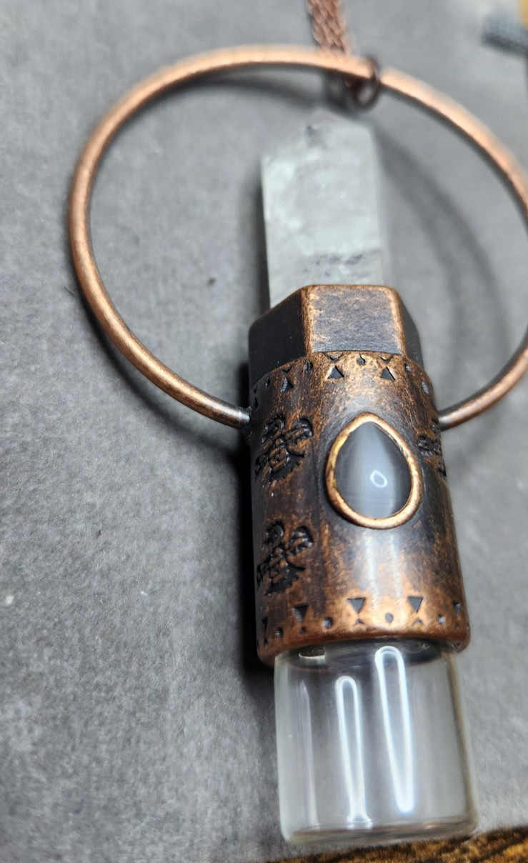 Essential Oil Rollerball Vial Quartz Crystal Copper Aztec Eagle Necklace