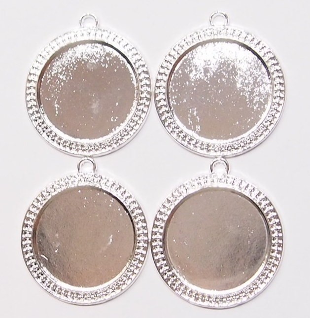4 of 30mm Round Shiny Silver Victorian Art Deco Beaded Pendant Settings 44x38mm