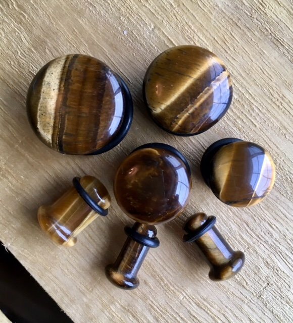 PAIR Single Flare Tiger Eye Stone Plugs Gauges Guages Earlets Body Jewelry