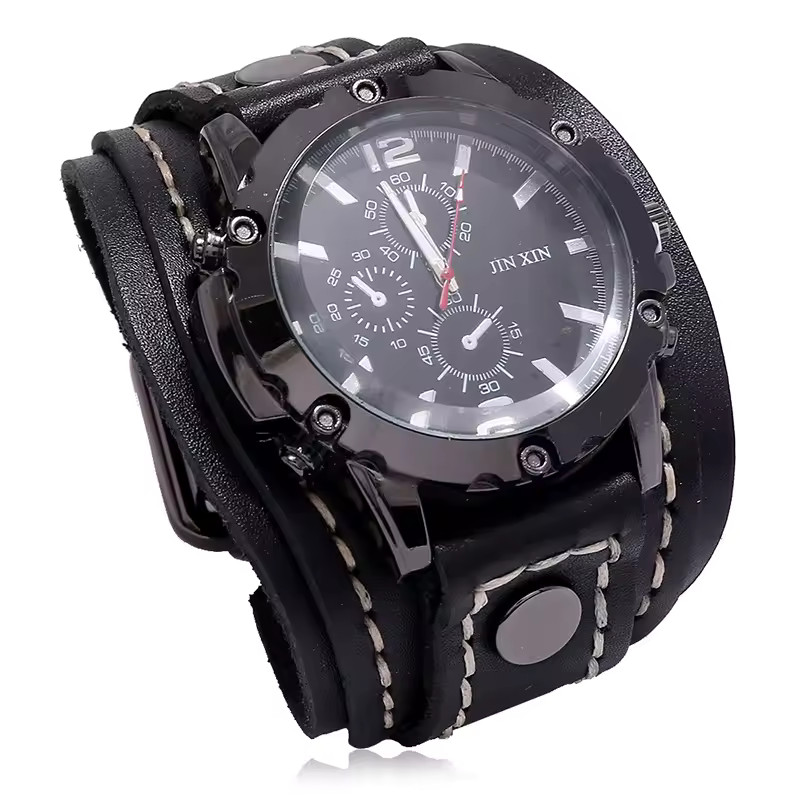 Wide Leather Watch Cuff Band Brown Wrist Black Strap Punk Retro Quartz Mens New
