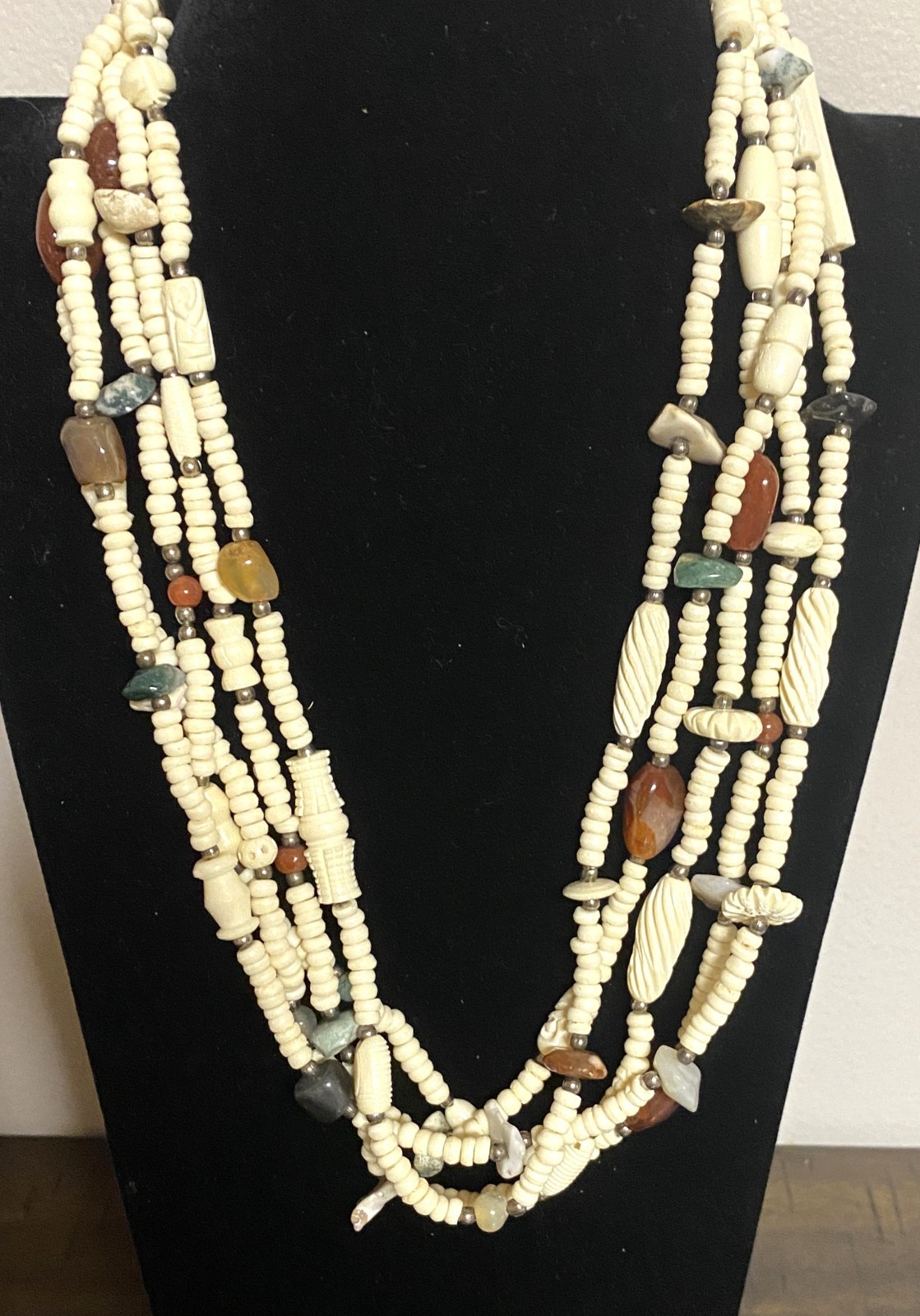 5 Strand Carved Bovine Bone & Gemstone Necklace