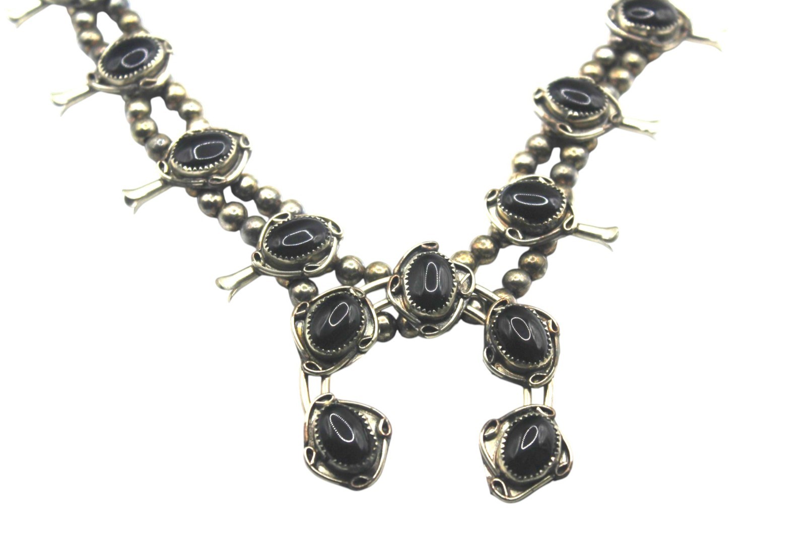 Vintage Silver Tone Black Onyx Squash Blossom Statement 24in Western Nickle