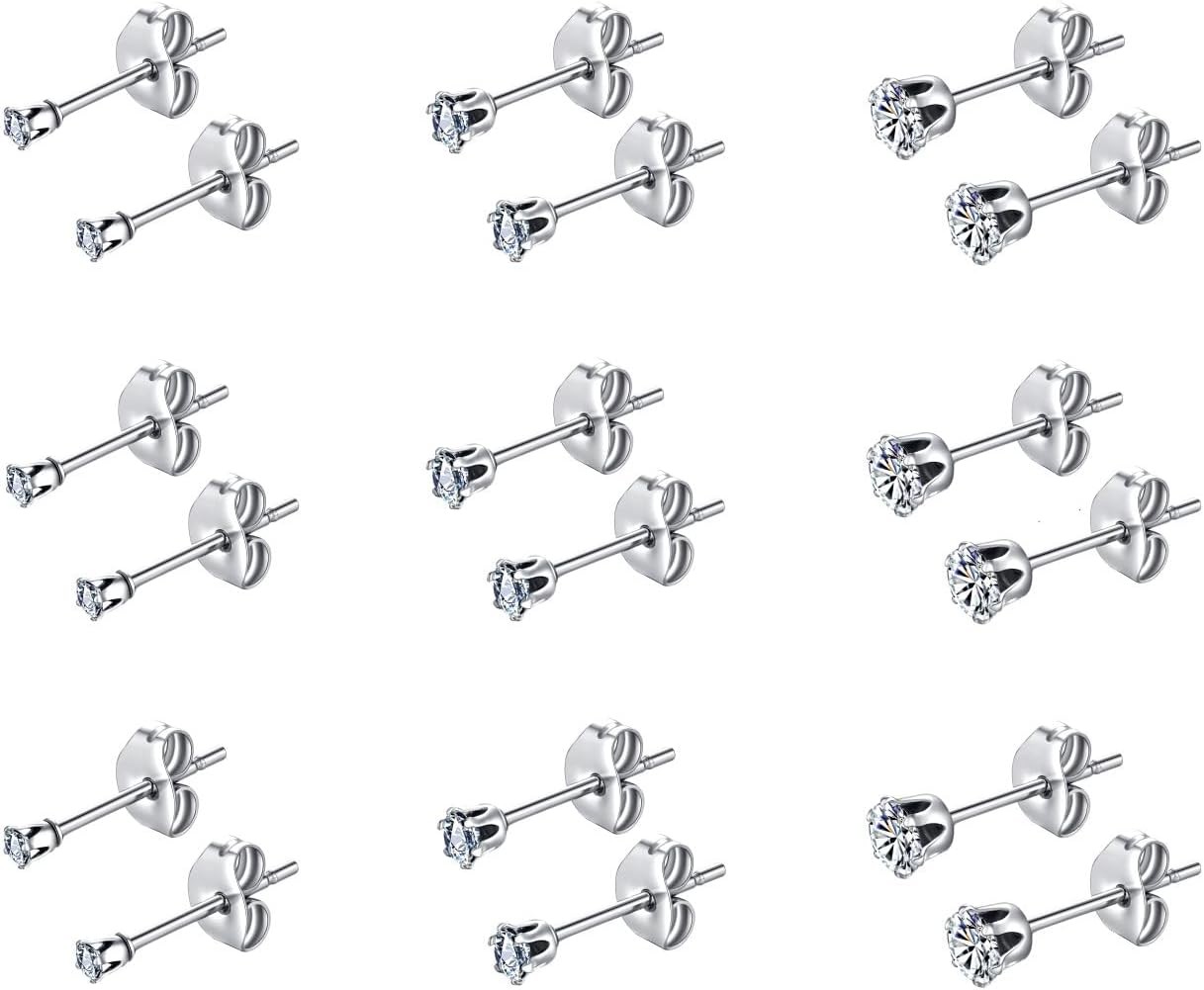 Tiny Womens Surgical Stainless Steel Clear Cubic Zirconia Stud Earrings