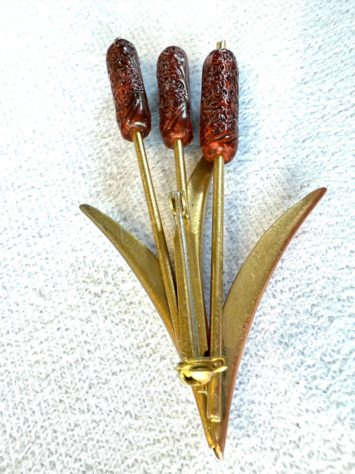 Vintage Artisan Handmade Cattail Flower Mixed Metals Modernist Brooch Pin