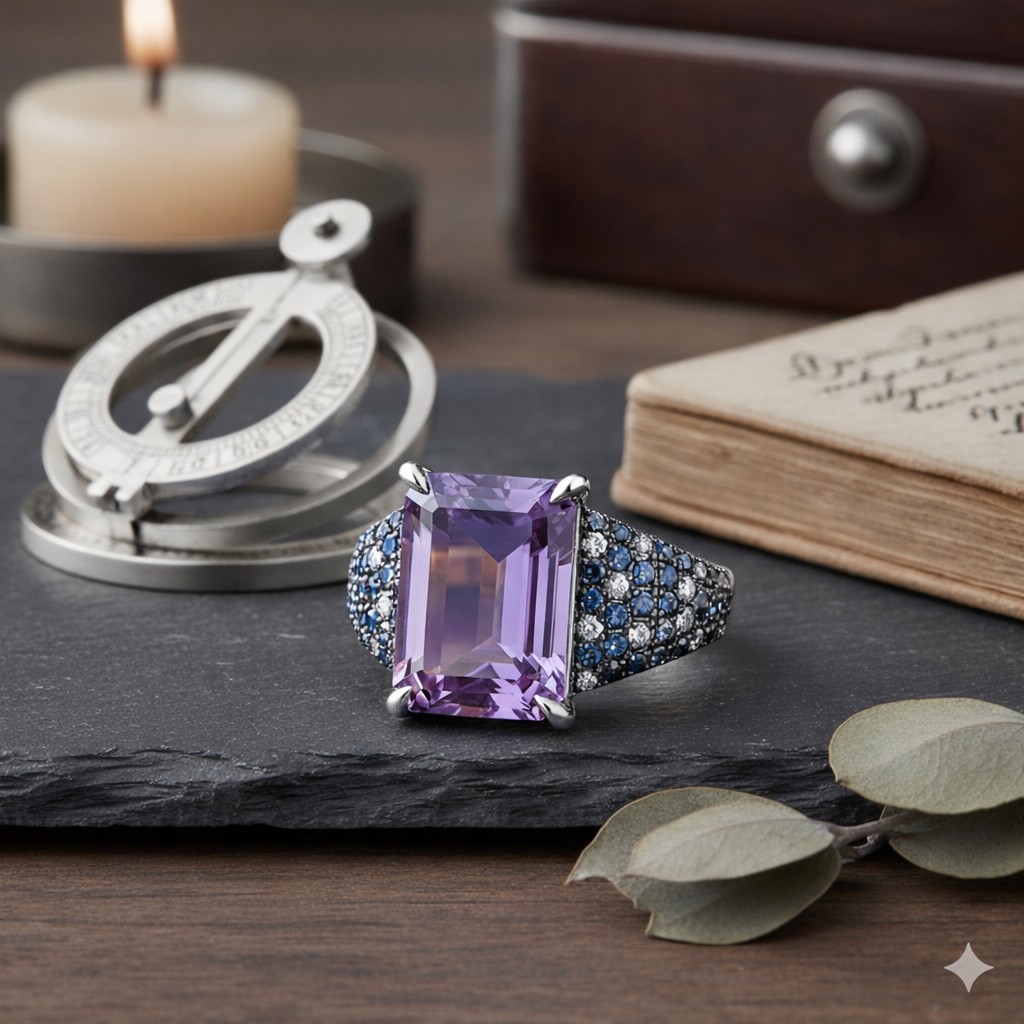 925 Sterling Silver African Amethyst Ring Emerald Cut Stone with Blue & White CZ