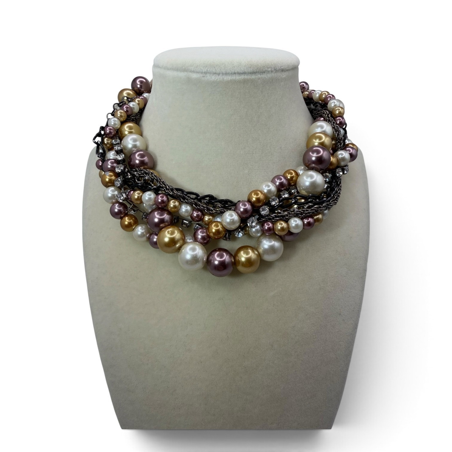 NOS Vintage Multi Strand Faux Pearl Rhinestone Choker Necklace 14-18″