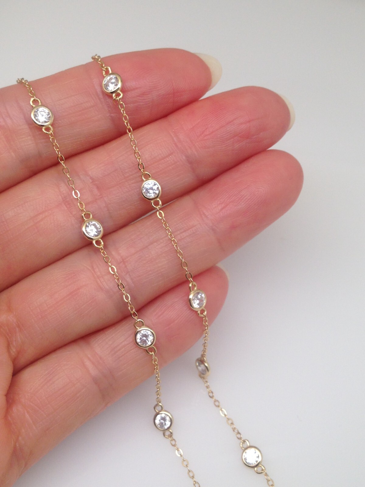 925 Sterling Silver Gold By the Yard Station Necklace Bezel CZ 18 3.5mm 18″