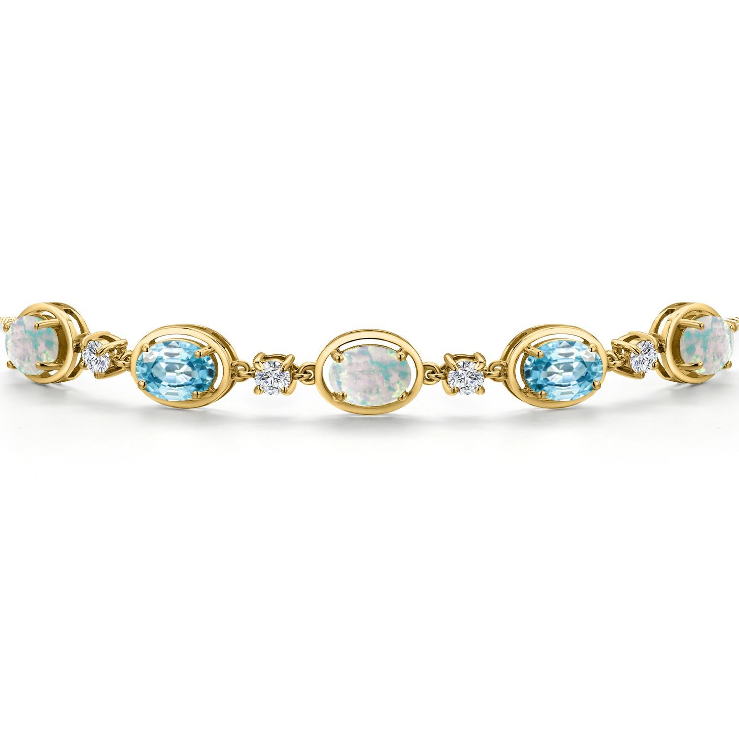 18K Yellow Gold Plated Silver Simulated White Opal, Blue Zircon and Lab Grown