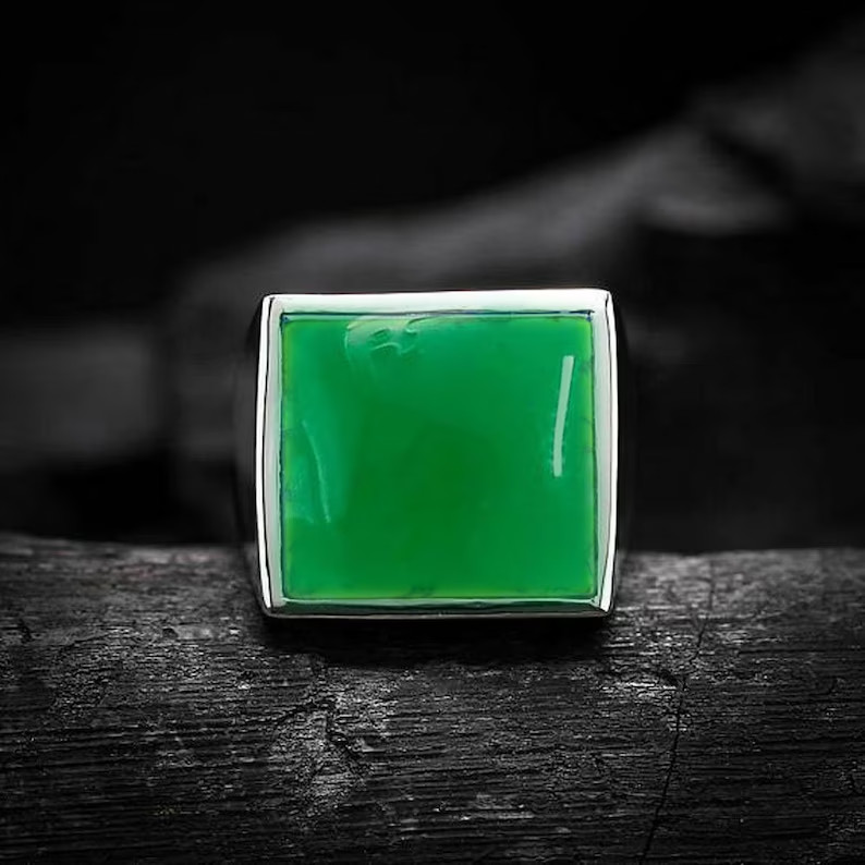 Solid 925 Sterling Silver Natural Green Onyx Gemstone Signet Men’s Unisex Ring