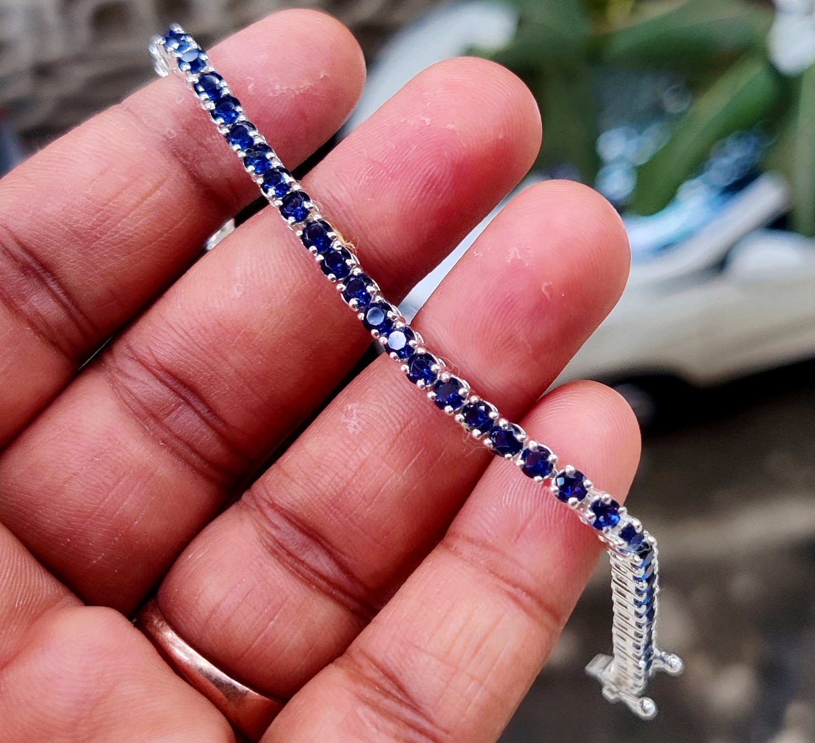 6Ct Lab Created Blue Sapphire Tennis Bracelet 7.5″ 14K White Gold Plated Silver