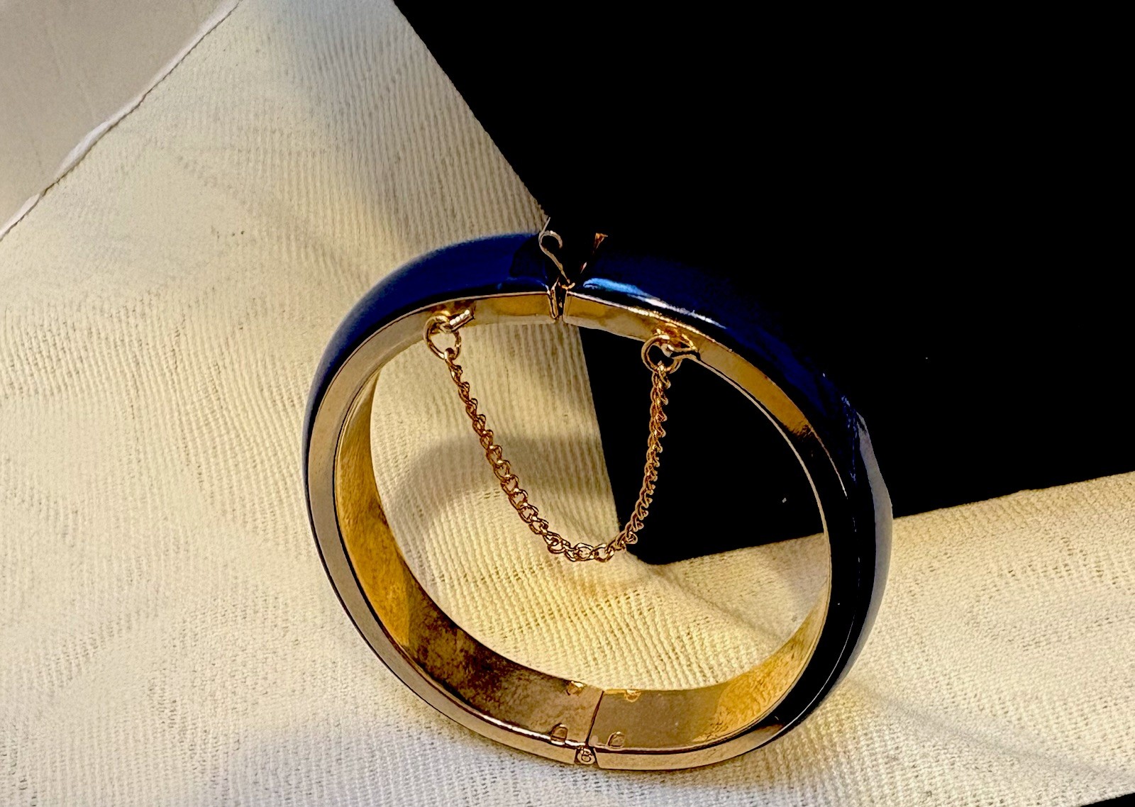 Vintage Napier Hinged Cuff Bracelet With Safety Chain Blue Gold Tone Not Signed