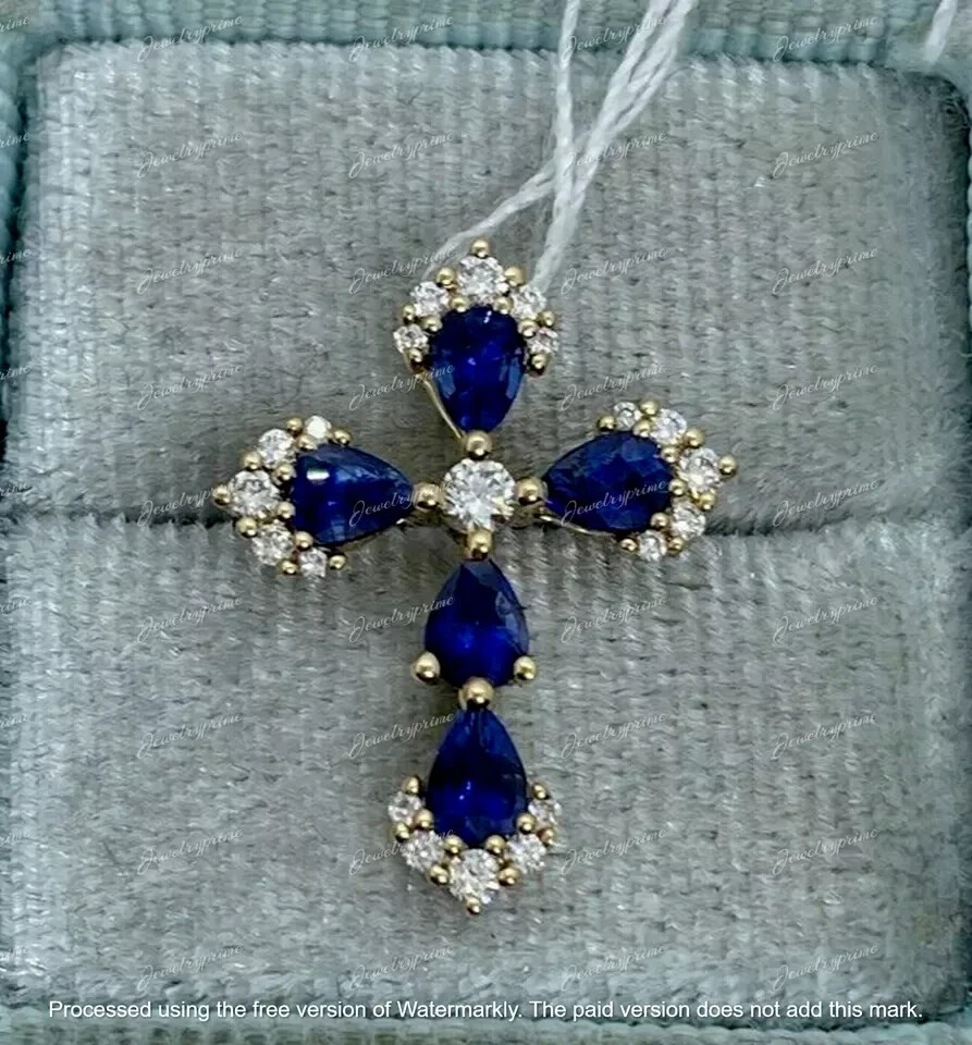 2Ct Pear Cut Lab Created Sapphire Religious Cross Pendant 14K Yellow Gold Plated