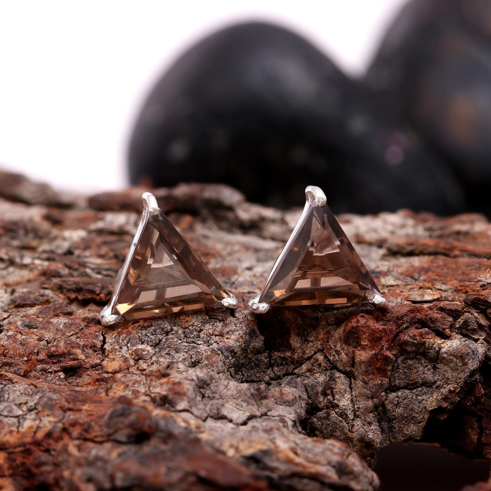 Natural Smoky Topaz Triangle Stud Earring 925 Sterling Silver Minimalist Jewelry