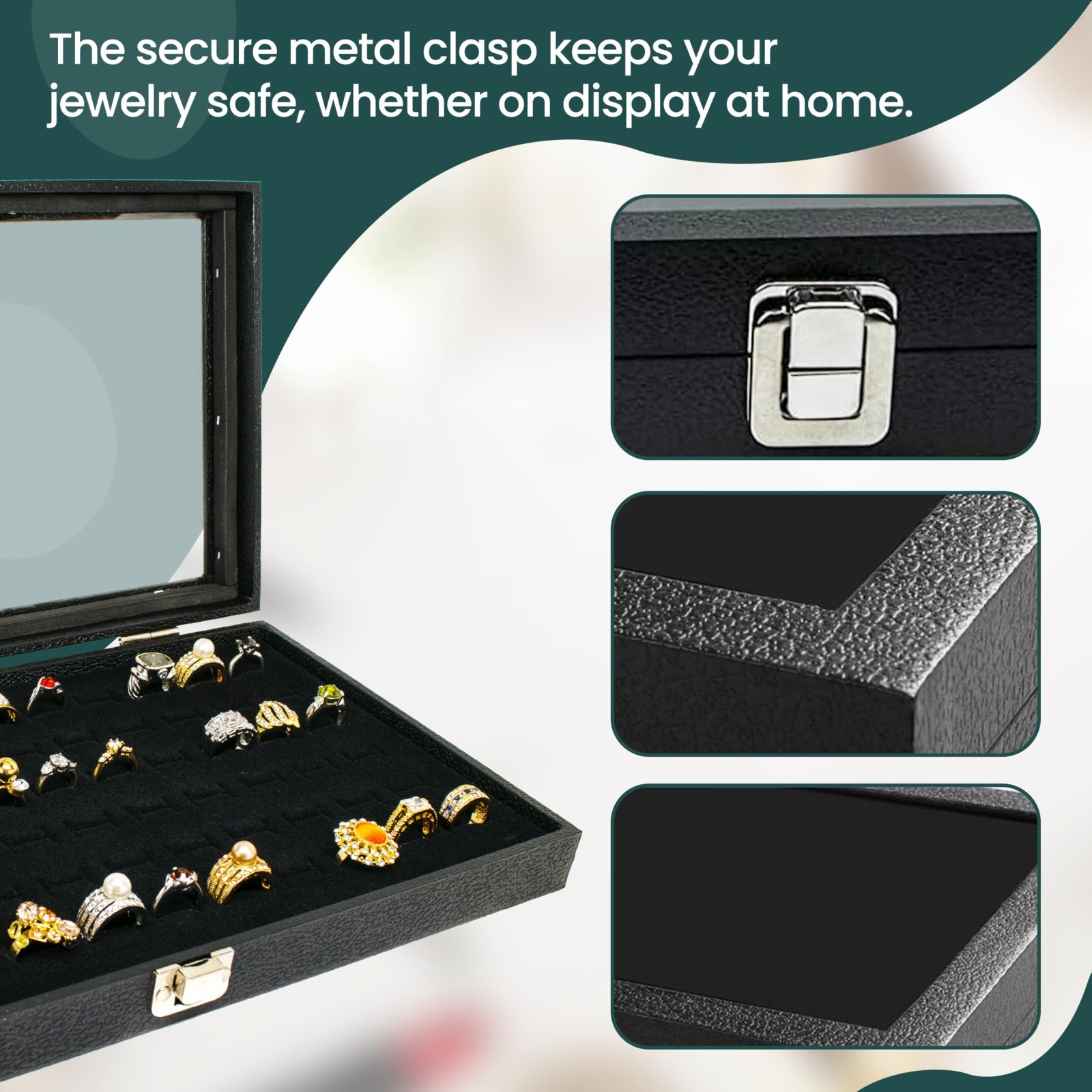 Glass Top Lid 72 Ring Black Showcase Jewelry Display Storage Organizer Box Case