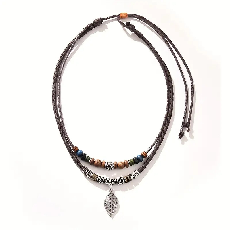 New PU Leather Leaf Wooden Bead Necklace Party Ornament Jewelry Gift Men Women