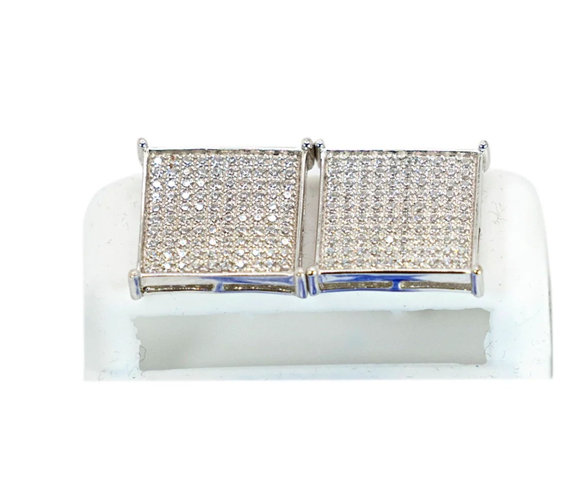 Mens Ladies 925 Sterling Silver 15mm CZ Square Kite Earrings